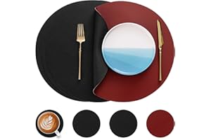 Myir JUN Round Table Placemats Set of 4 Faux Leather Place Mats and Coasters 15 inch Round Dual Sided Placemats Non-Slip Wipe Clean Stain Resistant (Red Black,Set of 4)