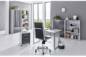 BMG-Moebel.de Büromöbel komplett Set Arbeitszimmer Office Edition Mini in Lichtgrau/Anthrazit Hochglanz (Set 1)