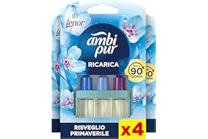 FEBREZE Ambi Pur 3Volution Profumatore per Ambienti, 4 Ricariche per Diffurore Elettrico, Fragranza Lenor Risveglio Primaverile, Teconologia Elimina Odori, Fino a 90 Giorni di Profumo per Ricarica