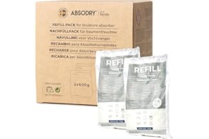 AbsoDry - Luftentfeuchter Nachfüllpack 2x600g - AbsoDry kompatibel - Verhindert Geruch & bindet Feuchtigkeit - Trockenmittelbeutel mit Granulat für Raumentfeuchter - Entfeuchter Nachfüllpack