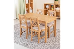 Hallowood Furniture Waverly Oak Small Dining Table and Chairs Set 4, Wooden Dining Table (120x70cm) & Crossed Back Solid Oak Chair with Beige Seat, Table and Chairs for Home & Cafe