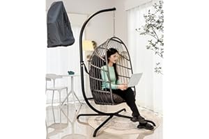 Mojia Outdoor Egg Chair With Stand, Patio PE Wicker Hanging Hammock Chair With UV Resistant Cushion and Chair Cover for Garden, Backyards, Poolside, Bedrooms, 190KG Weight Capacity (Dark Gray)