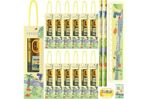 Coolchic 12 Boxes Stationery Set，Back to School Supplies Kit for Kids Pencils Eraser Ruler Sharpeners for Students Return Gifts Classroom Rewards Birthday Party Favors (Dinosaur)