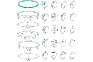 Kakonia 5Pcs cavigliere e 20Pcs Anelli per Le Dita dei Piedi per Le Donne Turchese Regolabile Open Toe Ring Cavigliere Bracciali Argento Oro Spiaggia Piedi Gioielli