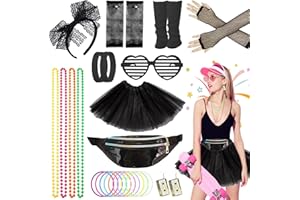 Beamely Déguisement Années 80 Femmes Filles Tutu,Sac Banane,Boucles D'oreilles,Gants en Résille,Collier,Lunettes,Bandeau,Jambières,Bracelet,Tenue Rétro Disco Costume Vêtement Fête Néon Tutu Fluo