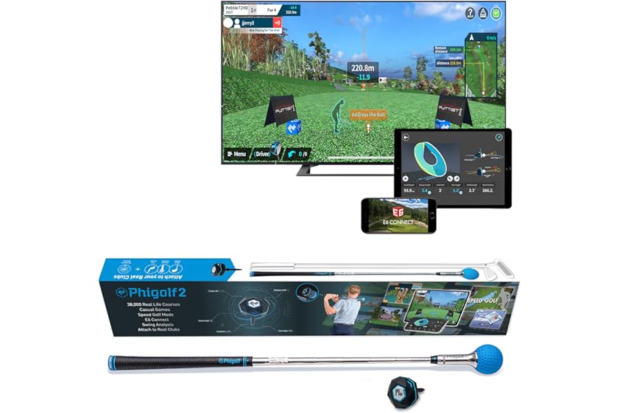 PHIGOLF2 Home Golf Game Simulator: Enjoy Interactive Golf with Motion Sensor & Swing Stick for Indoor & Outdoor Fun – 38,000+ Courses Worldwide, Compatible with Android, iOS, App & E6 Connect