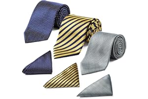 HISDERN Lotto 3 pezzi Cravatta da uomo Classica elegante Righe a quadri Cravatte in tinta unita e fazzoletto Cravatta in seta Set Cravatta per matrimoni Cravatta a quadri Set multipli