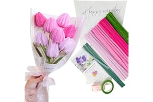 YYUENG TAK 200 piezas Rosa Tulipán limpiapipas manualidades, 3 colores rosa y verde hoja,12 unidades de alambre verde para manualidades, instrucciones, limpia pipas para manualidades rosa