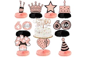 LINGQIANG 10 Stück 60. Geburtstag Dekoration Frau, Rosegold und Schwarz 60 Geburtstag Deko Bienenwabe Mittelstück mit Tortendeko, 60. Tischdeko Tabelle Topper für Frauen Geburtstag Party Tischaufsätze Zubehör