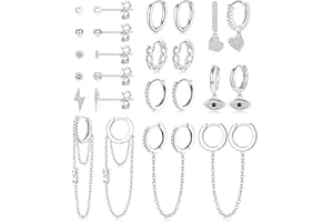 JeweBella 12Paires Petite Boucles d'Oreilles Femme Acier Innoxydable Mini Boucles d'Oreilles Creoles Pendantes avec Chaîne Hypoallergénique Pearl Zircon Coeur Evil Eye Boucles d'Oreilles Or/Argent