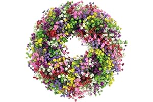 JOULLI Door Wreath, Artificial Spring Wreath for Front Door, Colorful Wildflower Spring Summer Door Wreath Decorative Garland for Home Decor (40CM-Gypsophila)