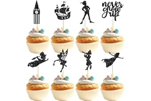 Gyufise Confezione da 24 decorazioni per cupcake a forma di stella glitterata che non crescono nell'Isola che non c'è, per cupcake, storie notturne, fiabe, elfi, ragazze, decorazioni per torte per