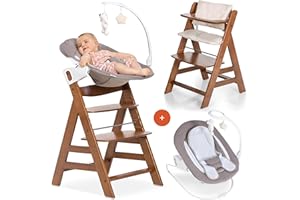 hauck Alpha+ Newborn Set Deluxe - Baby Holz Hochstuhl ab Geburt mit Liegefunktion - inkl. Aufsatz für Neugeborene & Sitzpolster - mitwachsend, verstellbar - Walnut