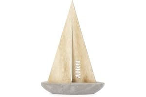 Heitmann Deco - Segel-Schiff mit Schriftzug "Ahoi" - aus Stein und Holz - für Geburtstag - maritime Deko für Wohnung und Haus - Tischdeko, 23 x 7 x 34 cm, Beige