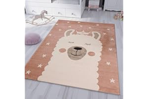 VIMODA Kinderteppich Teppich Lama König Sterne Spielzimmer Kinderzimmer Babyzimmer Pink Creme Kurzflor weich flauschig, Maße:120x170 cm