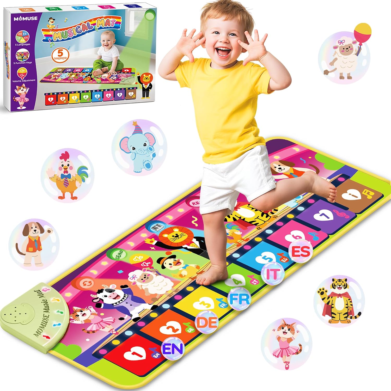 MOMUSE Alfombra Musical 5 Idiomas (ES/DE/FR/IT/EN), Juguetes Niños 1 Año, Piano Infantil Multilingüe con 9 Animales, Portátil, Ligero, Regalo Na-vidad/Cumpleaños para Bebe Niñas Niños 1 2 3 4 Años​​
