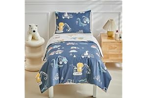 DuShow Cotton Toddler Bedding Set,Dinosaur Cot Bed Duvet Cover Set For Boys,Reversible Toddler Duvet And Pillowcase Set Navy Blue-120 x 150 cm