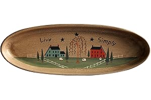 CVHOMEDECO. Primitive Rustic House Willow Tree Sheep Wood Decorative Plate Oval Crackled Display Wooden Plate Home Décor Art, 15.5 x 5.75 Inch
