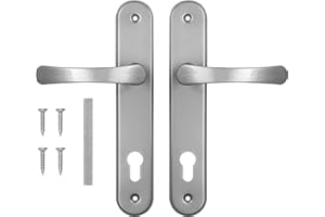 ADGO Juego de Manijas de Puerta para Una Incrustación de 60 mm Bizcocho, Mango de Aluminio, Escudo de Acero Galvanizado con Recubrimiento en Polvo, Izquierda y Derecha, Tornillos de Montaje, Plata