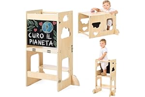 KYWAI® Torre montessoriana bambini – Torretta montessoriana pieghevole 3 in 1 Premium: convertibile in scrivania con lavagna, legno FSC, azienda sostenibile impegnata nella riforestazione, per bambini