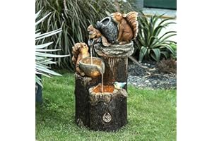 Junerain Caractéristiques d'eau extérieures pour jardin, statue d'animaux avec lampes solaires, fontaine à eau écureuil, sculpture extérieure en résine, fontaine à eau pour décoration de terrasse