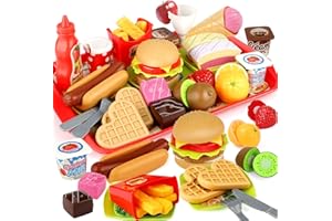 GILOBABY Children Pretend Role Play Toys, Educational Toy Food for Toddler Girls Boys, Kids Preschool Learning Toys, Play Food, Hamburger, Hot Dog, Cutting Fruit, Ice Cream, Kitchen Toys Gift for 3+