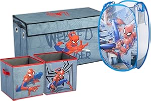 Idea Nuova Marvel Spiderman - Set di 4 contenitori pieghevoli con cesto pop-up, baule pieghevole e 2 cubi portaoggetti pieghevoli