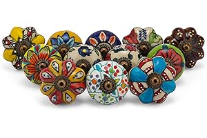 Rasiya Art Multicolour Ceramic Knobs for Cabinets and Drawers - Assorted Multicolour Countryside Door Pull Handles for Kitchen Wardrobes Boho Home Interior Decor - Pack of 12