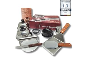 Pukpu Set Smash Burger 9 Pièces INOX - Contient Presse Burger, Moule a Steak Haché et Oeuf au Plat, 2 Spatules, Coteau a Steak, 2 Cloche à Burger et Salière - Livre de Recettes en Cadeau