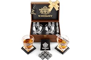 W WHISKOFF Whiskey Glass Set of 2 - Whisky Glass Gift includes Crystal Whisky Glass Sets, Chilling Stones, Slate Coasters in Handcrafted Wooden Box - Whisky Gift Sets for Men - Birthday Gifts for Men, Gift Set