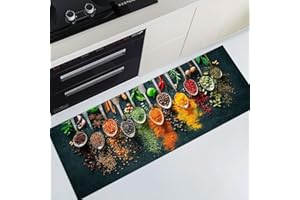 Fchen art Kitchen Rug Spices Non-Slip Back Kitchen Pictures Spices and Spoons Large Home Decor Rug for Front Door Hallway Bedroom Kitchen 150 x 60 cm