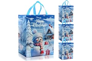 Christmas Tote Bags - 4 Pack Large Christmas Bags with Cute Snowman Handle Non-woven Fabric Gift Present Bag，ADQUATOR Xmas Shopping Bag for Holiday Party
