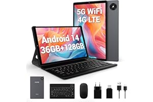 FASTWD 2025 Newest Tablet 10 Pollici Android 14,Tablet in offerta 4G LTE e 5G WiFi,36GB RAM 128GB ROM,1920x1200 incell,8000mAh,volto ID,con Tastiera e Mouse,Grigio