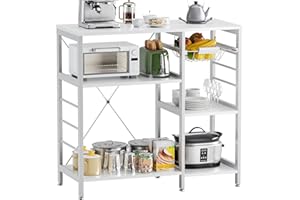 vovala Baker’s Rack, Microwave Oven Stand with Bamboo Frame, 35.4" Coffee Bar with Wire Basket & 6 Hooks, 3-Tier Kitchen Storage Shelf Stand for Kitchen, Living Room, Office, White