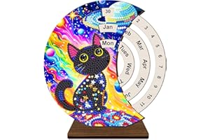 Lebartm DIY Diamond Perpetual Calendar Diamond Art Painting Wooden Manual Rotating Calendar Ornament Desk Round Perpetual Calendar Single Sided Diamond Tabletop Ornaments for Home Decor-Black Cat