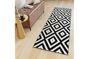 ‎TAPISO TAPISO MAROKO Läufer Teppich Brücke Flur Modern Geometrisch Marokkanisch Karo Diamant Muster Schwarz Creme ÖKOTEX 70 x 110 cm