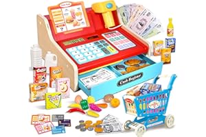 HILKKET Drewniana Kasa dla Dzieci, Kasa z Skanerem i Dźwiękiem, Zestaw Kasowy Zawierający Zabawkowe Pieniądze, Koszyk na Zakupy i Akcesoria Sklepowe, Gra Fabularna, Prezent dla Dzieci od 3. Roku Zycia (Red)