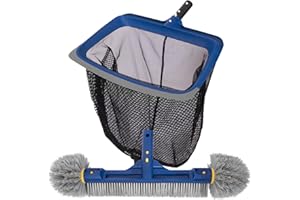POOLAZA Kit de nettoyage de piscine - Filet de skimmer à mailles fines et brosse de piscine avec extrémités rondes pour le nettoyage - Filet de piscine avec cadre solide et brosse de 45 cm avec