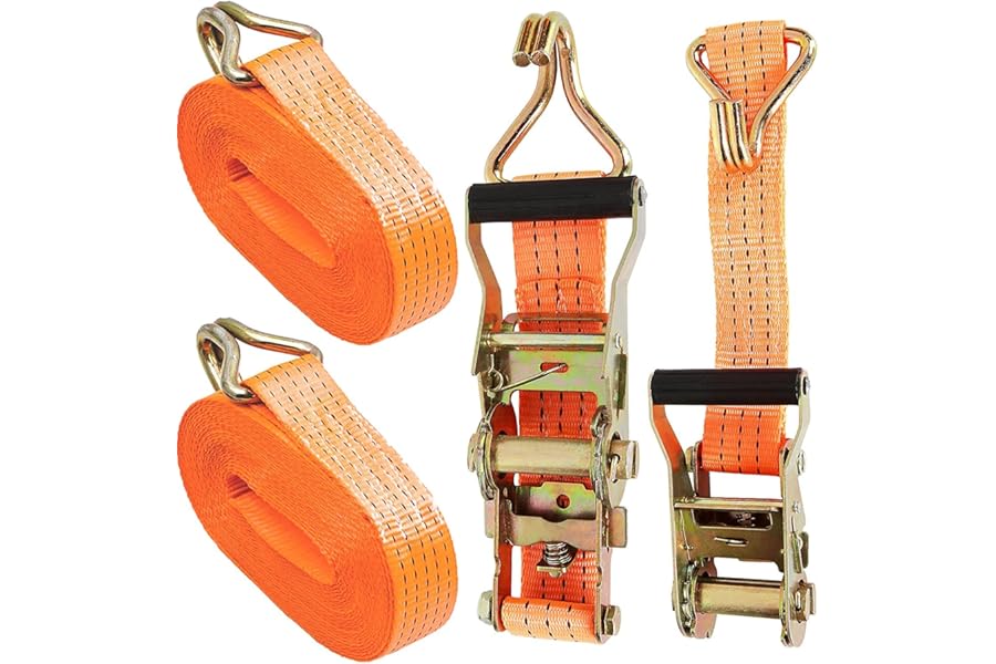 AHUNTTER 2 Sets Ratchet Tie Down Straps 5cm x 6m, 11000lb Break Strength, Heavy Duty Lashing Strap, Securing Straps with Handle and Metal J Hook for Trucks, Cars, Motorcycles – Orange