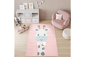 TAPISO Baby Tappeto Gioco Bambini Sala Giochi Cameretta Bambini Ragazzi Camera Morbido Motivo Astratto Animale Giraffa Multicolore Sfondo Rosa Pelo Corto 80 x 150 cm