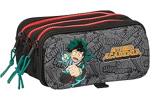 Safta MY Hero Academia - Portatodo Triple Big, Estuche Infantil, Estuche Niño, Ideal para Niños en Edad Escolar, Cómodo y Versátil, Calidad y Resistencia, 21.5x8x10 cm, Color Negro
