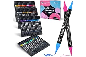 Arrtx 64 Colori Pennarelli di Vernice Acrilica, Pennarelli di Vernice Acrilica a Doppia Punta per Pittura su Rocce, Legno, Ceramica, Tessuto, Vetro, Tela, Plastica, Pietra e Artigianato Fai-da-te