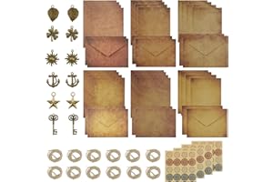 Hyakoz Papier à Lettre Vintage et EnveloppeEnsemble Enveloppes 12 Enveloppe Vintage et 24 Papeterie Vintage Papier à Lettre 2 Autocollants de Timbre Vintage 12 Breloques Métal 12pcs Cordes de Chanvre