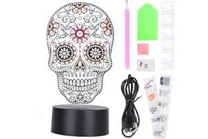 Lwuey Lampada da Teschio 3D Pittura, Diamante Comodino con Tavolo per Camera Night Light 7 Colori Diy Diamond Painting Letto Holiday Party Decorazione Domestica Halloween Skull Usb Luce Elegante