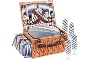 Cesta Picnic 4 Personas, Couleeur Set de Picnic de Mimbre con Bolsa Aislante, Manta de Picnic Impermeable y Juego de Cubiertos, Cesta de Picnic para Camping, Azul