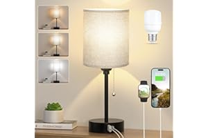Seealle Bedside Lamps, Table Lamp with USB C+A Ports, 3 Color Temperatures - Lamp with Pull Chain Switch Grey Linen Shade, Small Bedroom Lamp for Kid's Room Living Room(Bulb Included)