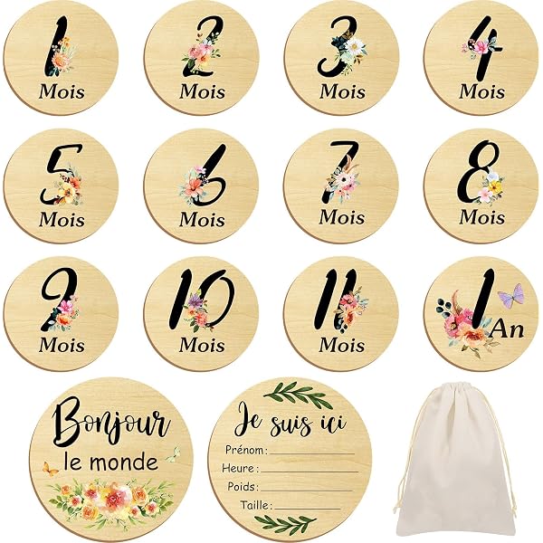 Cartes Mensuelles Bébé En Bois - Accessoires Photo Pour Suivre La Croissance De 1 à 12 Mois - Style Floral Avec Marguerites