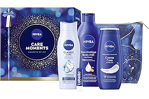 ‎NIVEA NIVEA Care Moments Geschenkset, Geschenk für Frauen, Geschenkbox mit Duschgel (250 ml), Shampoo (250 ml), Body Lotion (400 ml), Labello Lippenpflege (4,8 g) und Kulturtasche