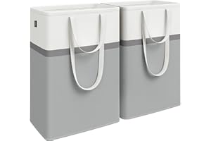 SONGMICS Kosz na bieliznę, 2 szt., 75 l, składany, z krótkimi i długimi uchwytami, łatwy do przenoszenia i czyszczenia, wolnostojący, do łazienki w sypialni, gołębi szary LCB208G02