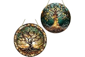 HWOLPEMS Baum des Lebens gebeiztes Acryl-Fensterpaneel, 2 Stück, Art-Deco-Natur-Hängeornament für Schlafzimmer, Veranda, Büro, Garten